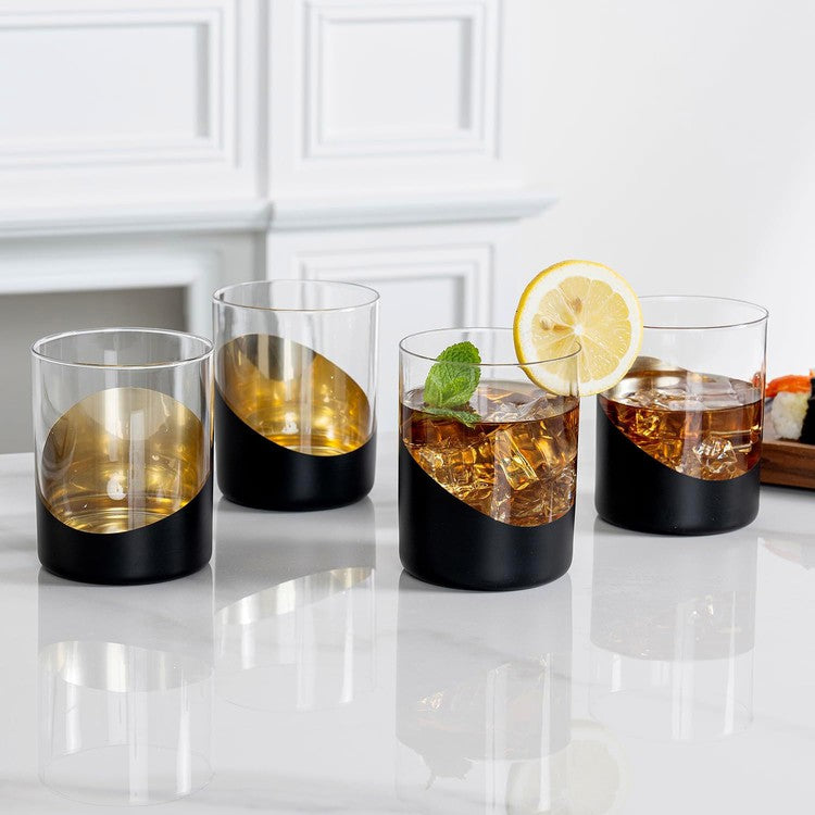 Black and Gold Cocktail Glasses, Old Fashioned Lowball Whiskey Rocks Drinking Glass, Set of 6-MyGift