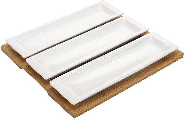 Rectangular White Ceramic Serving Platters on Natural Bamboo Tray-MyGift
