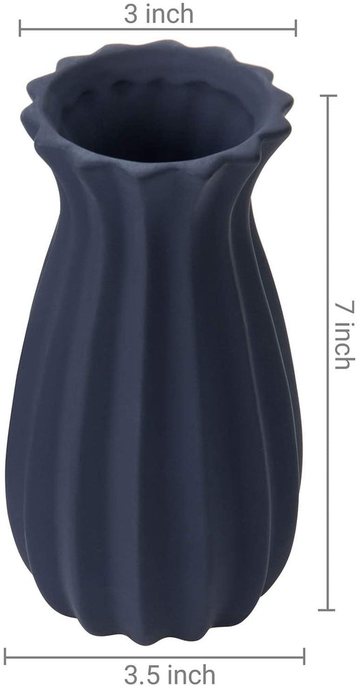 Set of 2, Matte Navy Blue Tulip Design Ribbed Ceramic Flower Vases-MyGift