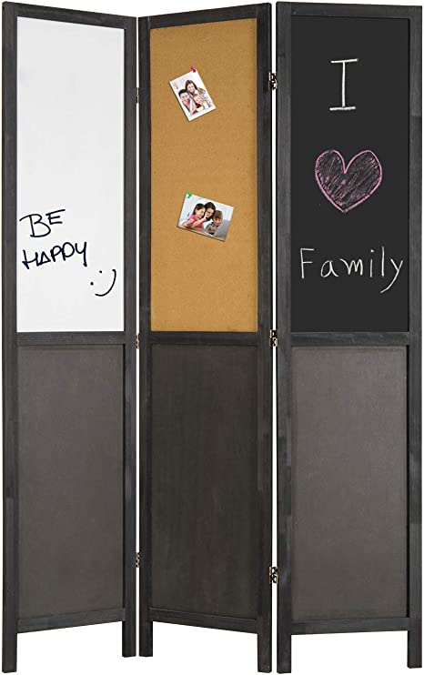 Room Divider Privacy Screen with Double-Sided Chalkboard Whiteboard and Cork Bulletin Board, 3 Panel Black Wood Room Divider-MyGift