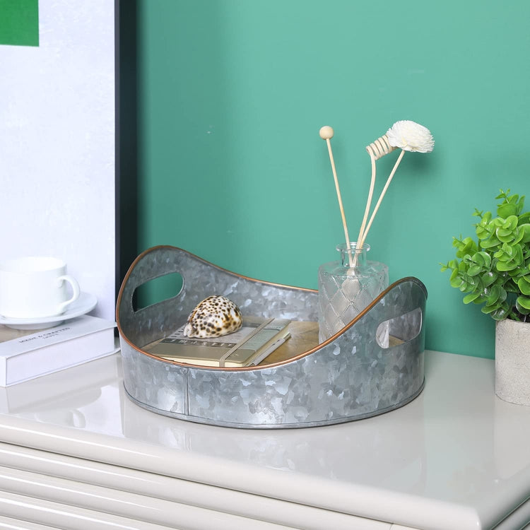 Silver Galvanized Metal Large Oval Serving Tray, Mango Wood Base and Brass Sloping Rim, Farmhouse Tray Decor-MyGift