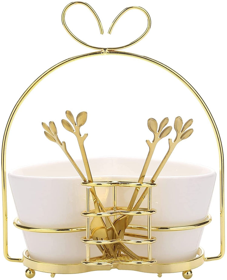 White Heart Ceramic Serving Dish, Appetizer Fruit Bowl with Gold Tone Metal Forks and Stand-MyGift