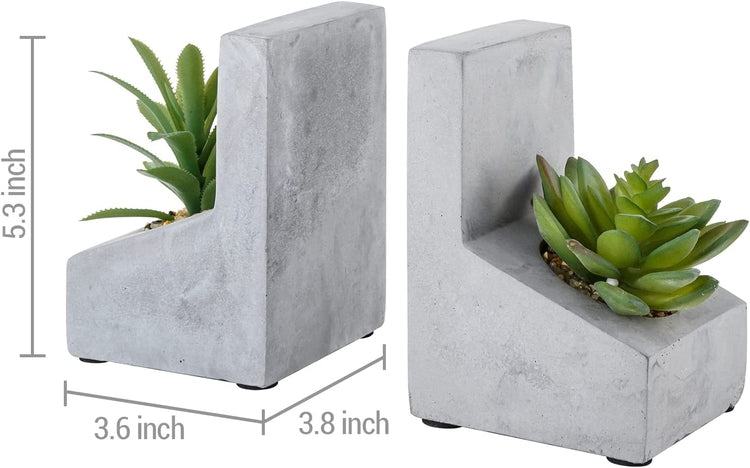 L-Shaped Concrete Bookends with Artificial Succulent Plants, Desktop Heavy Duty Book Stands-MyGift