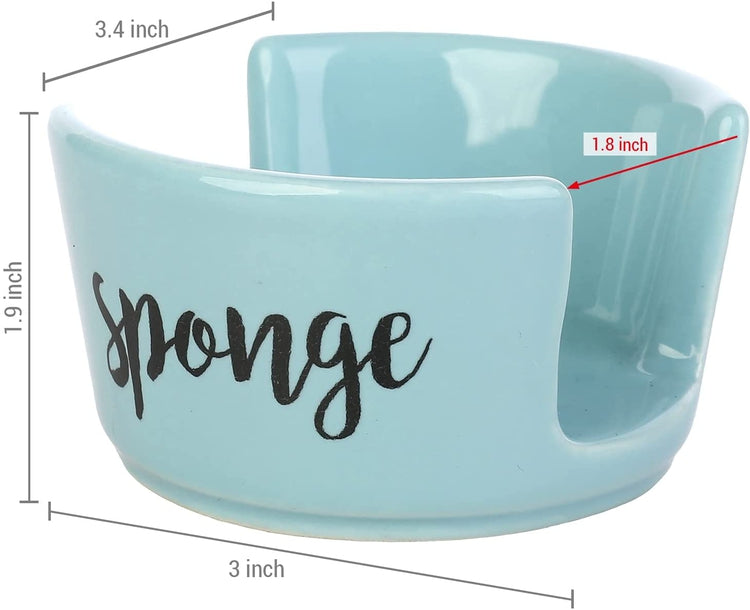 Aqua Blue Ceramic Sponge Holder, Kitchen Sink Countertop Sponge Dish with Cursive Print-MyGift