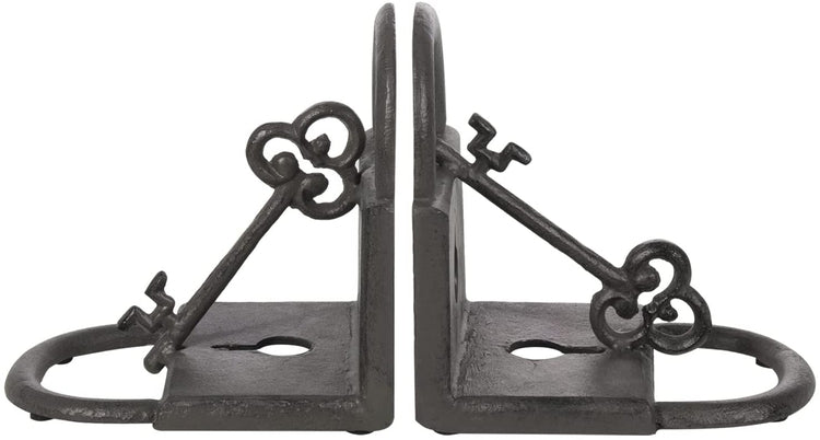 Dark Gray Cast Iron Decorative Bookends for Heavy Books, Vintage Lock and Key Sculpture Design Book Stand-MyGift