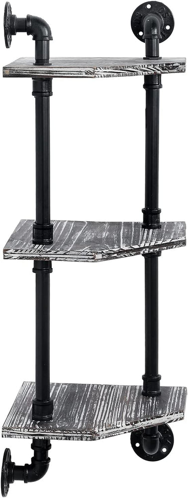 Wall Mounted Corner Shelving Unit, Tiered Torched Wood Display Shelves with Industrial Metal Pipe Frame-MyGift