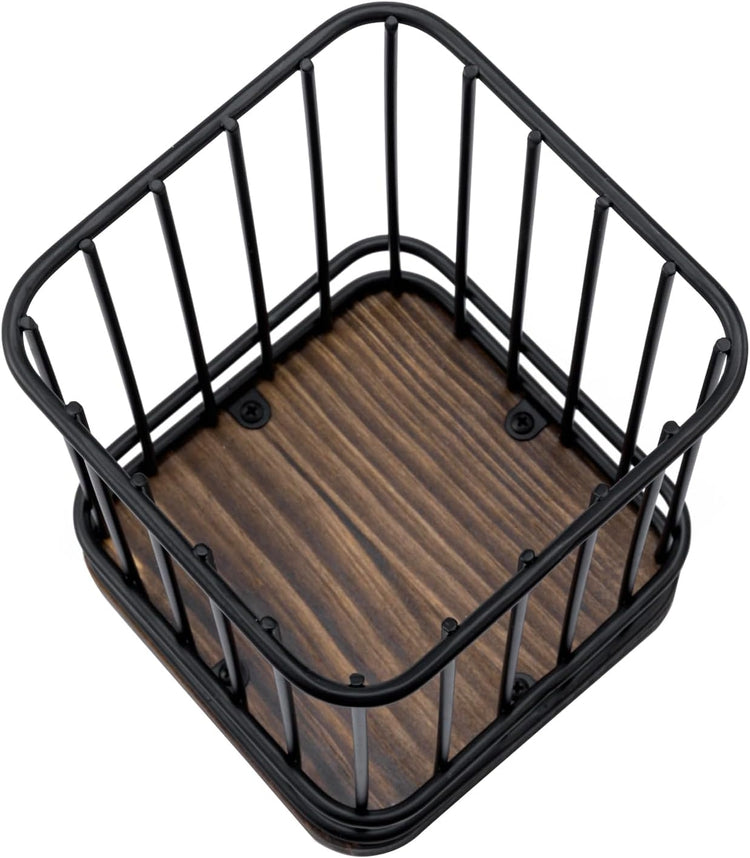 Matte Black Metal Wire Utensils Crock with Burnt Wood Base, Rounded Square Kitchen Countertop Cooking Tools Holder-MyGift