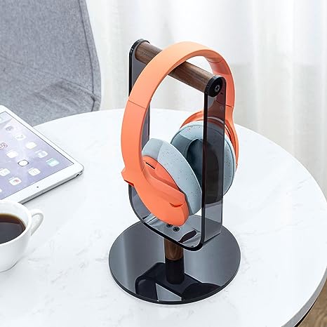 Desktop Black Acrylic and Wood Bar Headphone Stand, Tabletop Headset Cradle Rest-MyGift