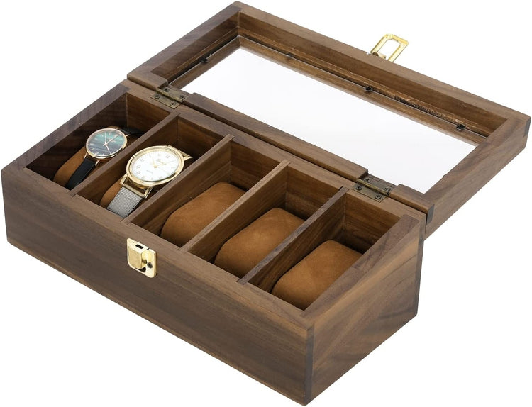 Walnut Wood Wristwatch Storage Box, Tabletop Watch Display Case with Clear Acrylic Lid and Removable Brown Velvet Pads-MyGift
