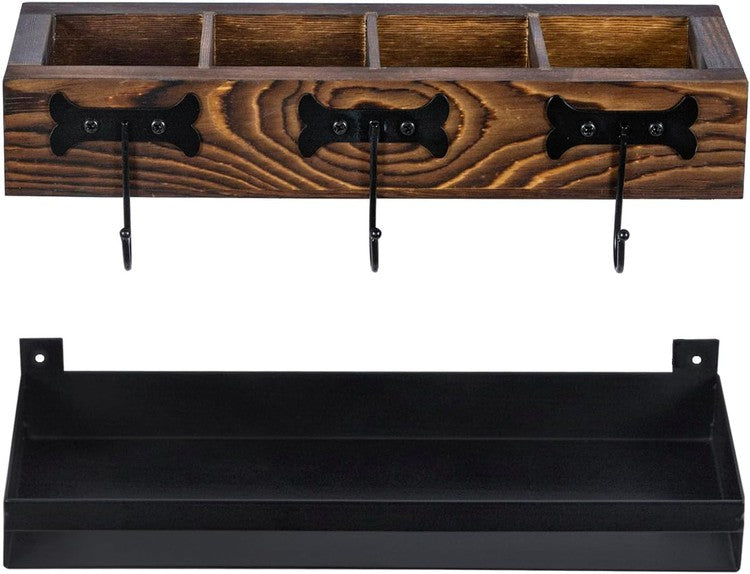 Wall Mounted Brown Wood Umbrella Holder with 3 Black Metal Hanger Hooks, 2 Piece Set-MyGift