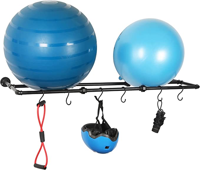 Wall Mounted Industrial Matte Black Metal Exercise Yoga Ball Storage Rack with 6 S-Hooks-MyGift