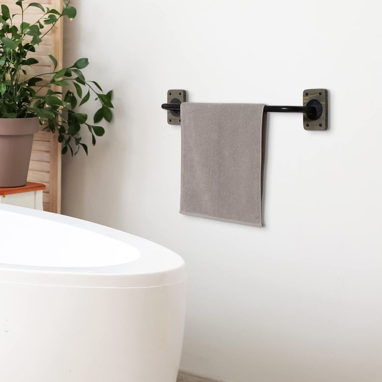 Weathered Gray Wood and Industrial Black Metal Wall Mounted Bathroom Towel Bar Rack-MyGift