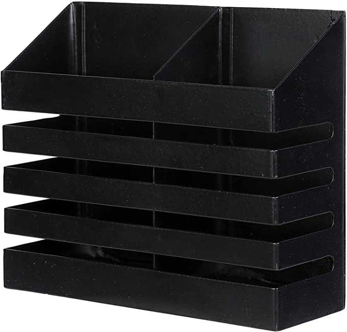 Industrial Black Metal Double Slotted Magnetic Storage Bin with Slatted Front Design-MyGift