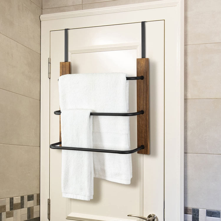 3 Tier Hanging Towel Bar, Bathroom Wood and Matte Black Metal Over The Door Towel Rack-MyGift