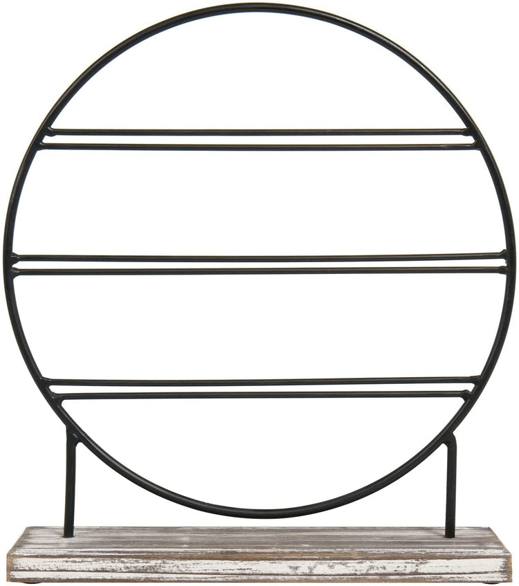3-Tier Tabletop Earring Holder, Torched Wood and Matte Black Metal Circular Jewelry Hanger Stand-MyGift