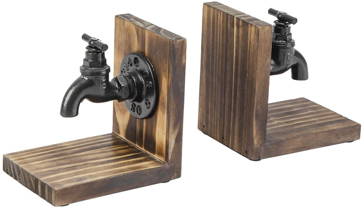 Industrial Style Decorative Bookends for Heavy Books with Cast Iron Faucet Spigot Design and Burnt Wood-MyGift