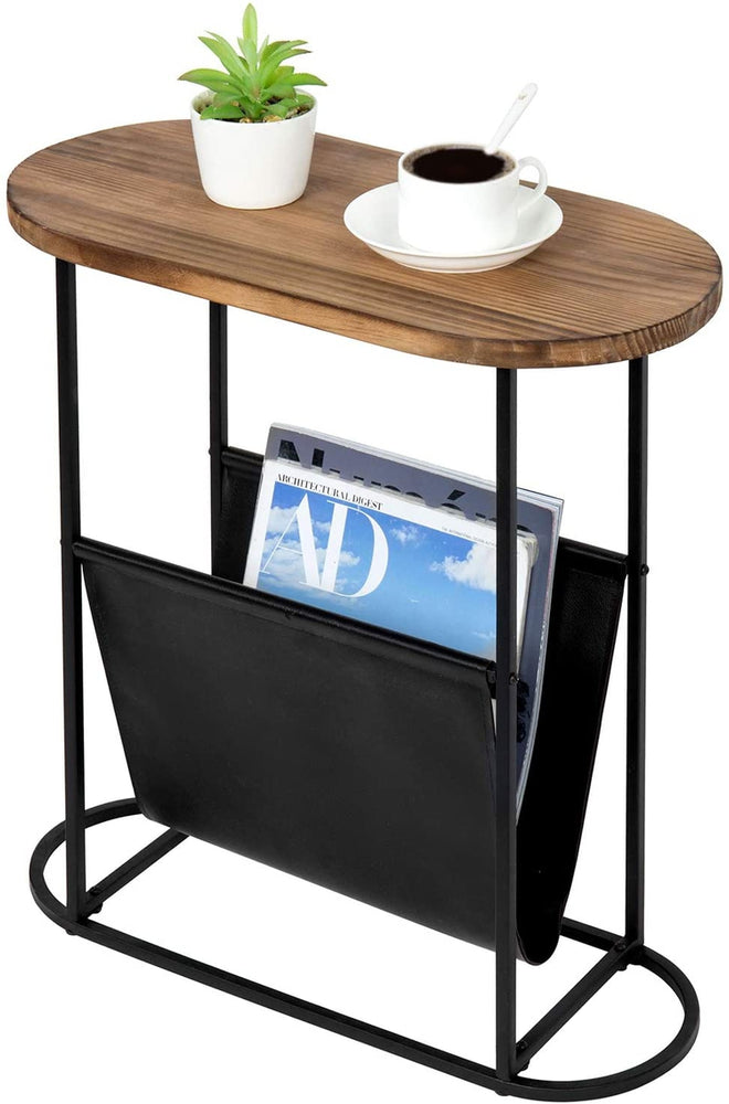 Oval-Shaped Burnt Wood and Black Metal Accent End Table with Magazine Sling Holder-MyGift