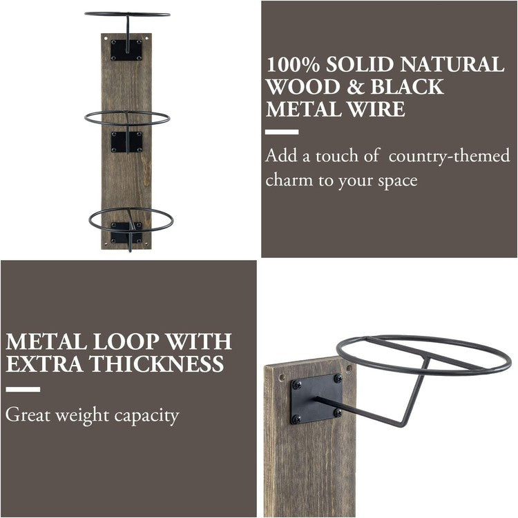 Gray Wood and Black Metal Hat Display Rack, Hanging Cap Holder or Wig Form with 3 Tier Storage Hooks-MyGift