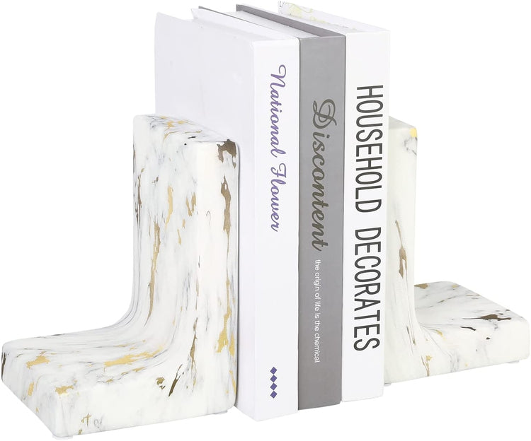 Elegant White with Gold Fleck Veining Marble Style L-Shaped Ceramic Desktop Bookends, 2 Piece Set-MyGift