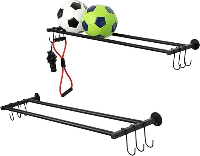 Wall Mounted Black Metal Sports Ball Holder with Hanging Hooks, Gym Wall Organizer Rack, Set of 2-MyGift