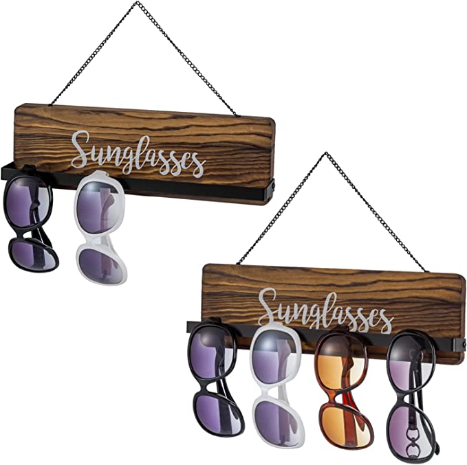Rustic Burnt Wood Wall Mounted Sunglasses Storage Holder with Cursive Sunglasses Lettering, Set of 2-MyGift