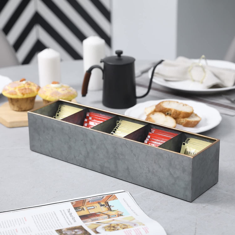 Metal Tea Box Organizer, 5 Compartment Rustic Galvanized and Copper Tone Tea Bag Storage Holder Caddy-MyGift