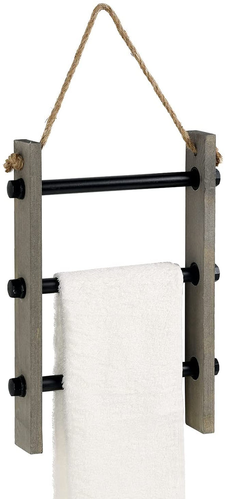 3-Tiered Industrial Pipe and Grey Wood Wall Mounted Towel Ladder, Rope Hanging Hand Towel Holder-MyGift