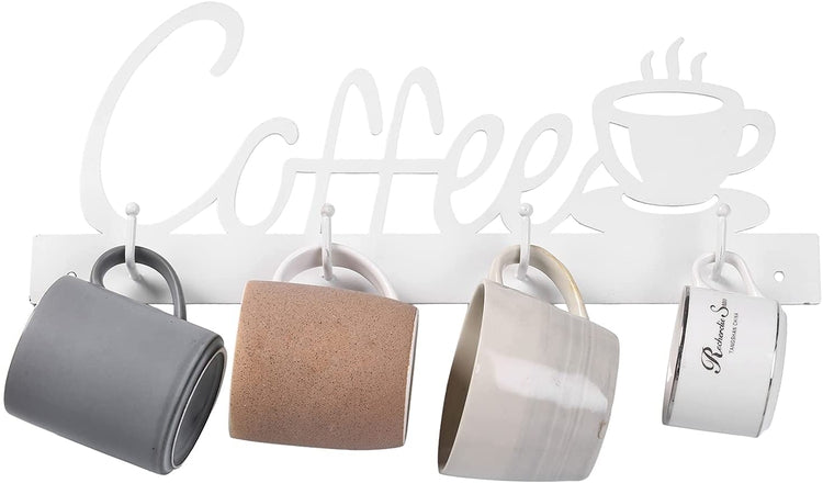 4-Hook White Metal Coffee Cup Wall Mounted Sign and Café Mug Storage Rack-MyGift