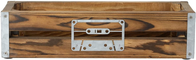 Burnt Wood Retro Audio Cassette Tape Holder Storage Crate with Galvanized Metal Accents and Cassette Cutout Design-MyGift
