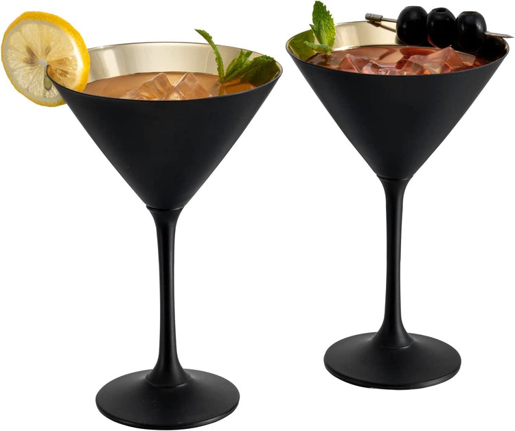 Set of 2, Matte Black and Metallic Gold Tone Plated Martini Glasses, Drinking Glass for Cocktail Party or Special Event-MyGift