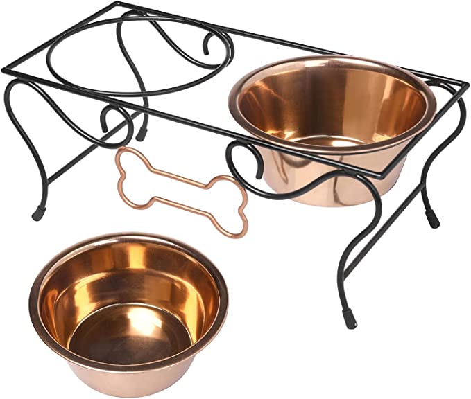 Dog Food Bowl Stand for Small Dogs Pet Feeder, Raised Dog Bowls with Bone Decoration and 2 Copper-MyGift