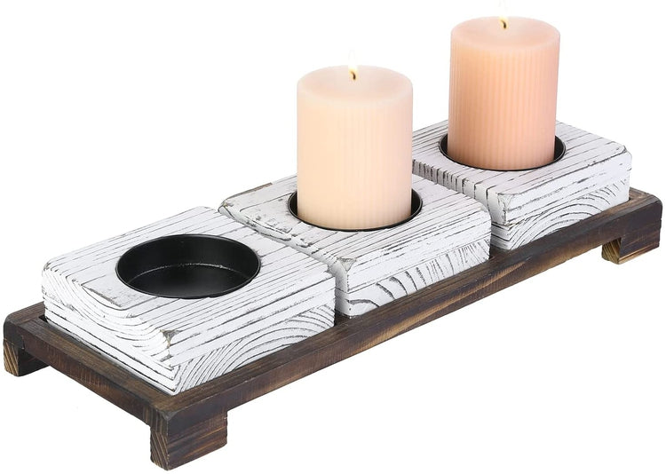 4 Piece, Candle Centerpiece with Whitewashed Wood and Matte Black Metal Pillar Candleholder Set with Burnt Wood Tray-MyGift