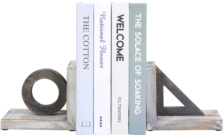 White Wood Geometric Bookends Decorative Desktop Book Stands with Circle and Triangle Design-MyGift