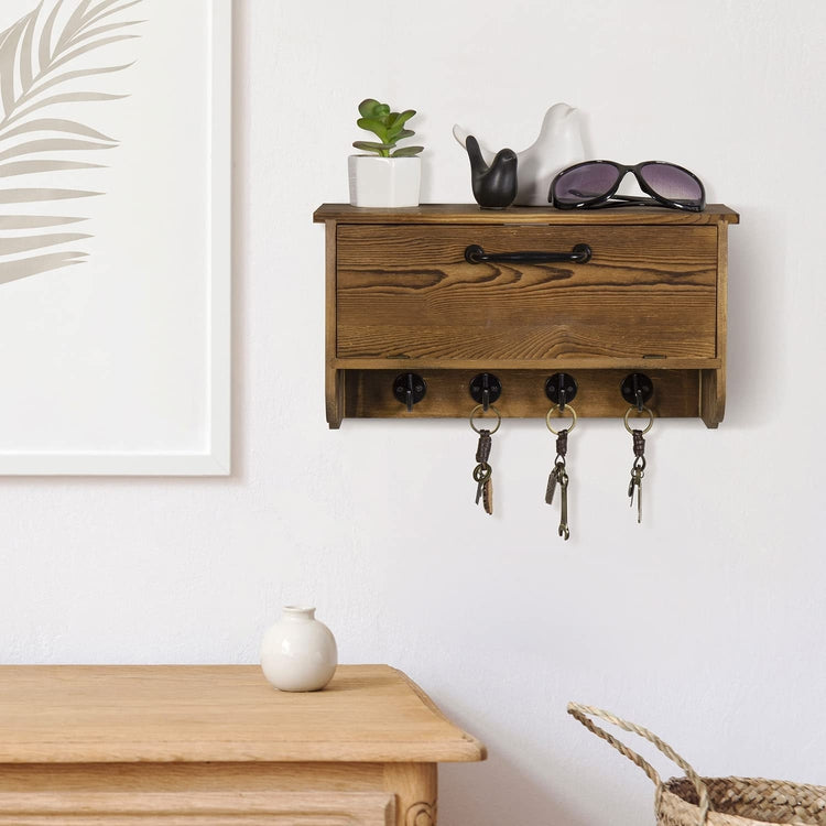 Burnt Wood Entryway Wall Organizer Rack with Cabinet and Black Metal Key Hooks, Wall Mounted Storage Cubby Shelf-MyGift