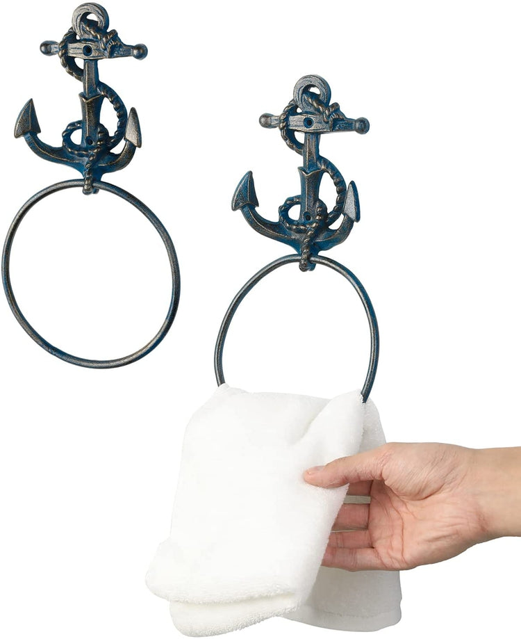 Cast Iron Nautical Anchor, Distressed Navy Blue Wall Mounted Bathroom Hand Towel Ring Holder-MyGift