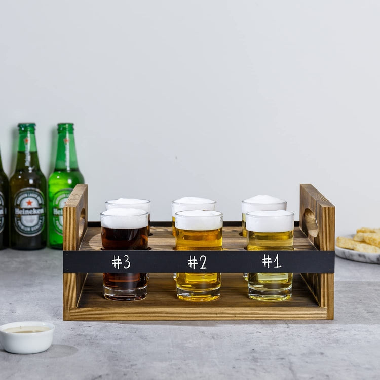 Burnt Wood Craft Beer Flight Board Set with 6 oz Beer Tasting Glasses, Serving Tray with Erasable Chalkboard Panel-MyGift