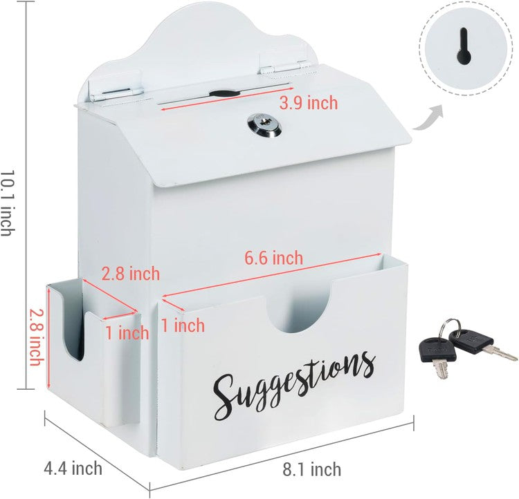 White Wall Mounted or Tabletop Lockable Comment Box, Paper Sheet Slot, Pen Holder, Top Lock and Keys-MyGift