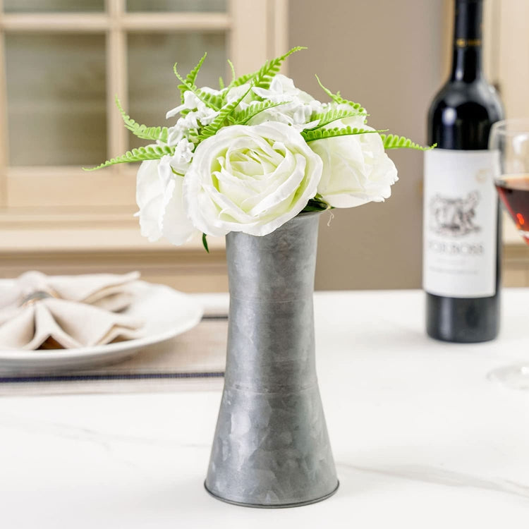 White Faux Roses Artificial Flower Bouquet Arrangement in Rustic Galvanized Metal Vase-MyGift