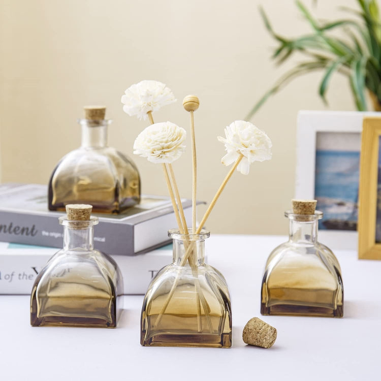 Decorative Glass Bottles, Set of 4, Smokey Gray Tinted Square Diffuser Bottles, Flower Bud Vase Jars with Cork Lids-MyGift