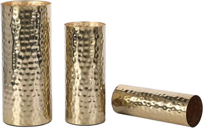 Hammered Metal Cylinder Flower Vases Set of 3, Tall Modern Brass Tone Decorative Centerpiece Vases-MyGift