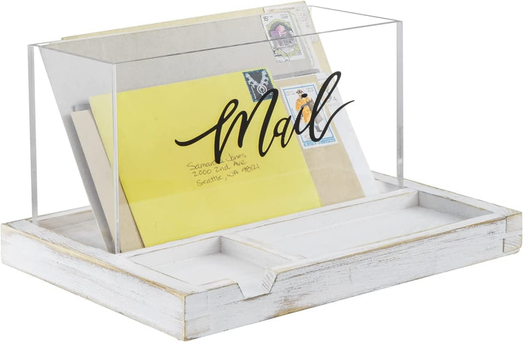 Clear Acrylic Mail Sorter Box with Cursive Decorative "Mail" Label and Burnt Wood Office Supplies Tray-MyGift