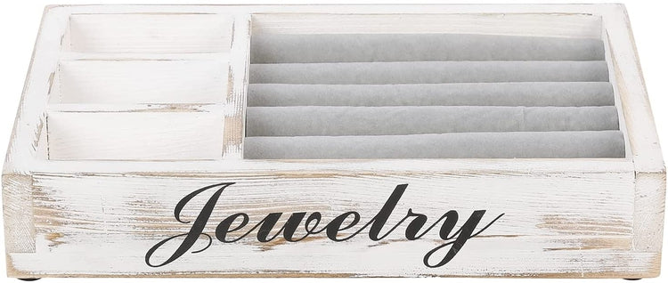 Whitewashed Wood Jewelry Organizer Box, Storage Tray with Decorative Cursive JEWELRY Label Design-MyGift