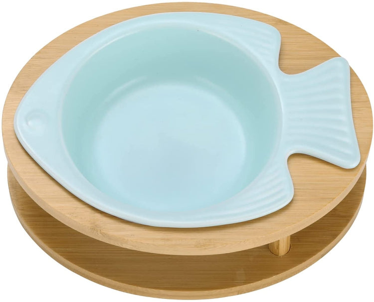 Blue Fish Design Pet Cat Feeder Bowl with Raised Eco-Friendly Natural  Bamboo Base