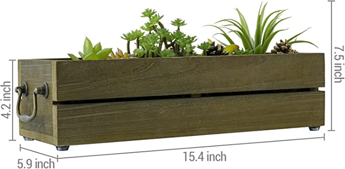 Artificial Succulent Plant in Brown Wood Planter, Tabletop Window Box Planter with Vintage Brass Metal Handles-MyGift