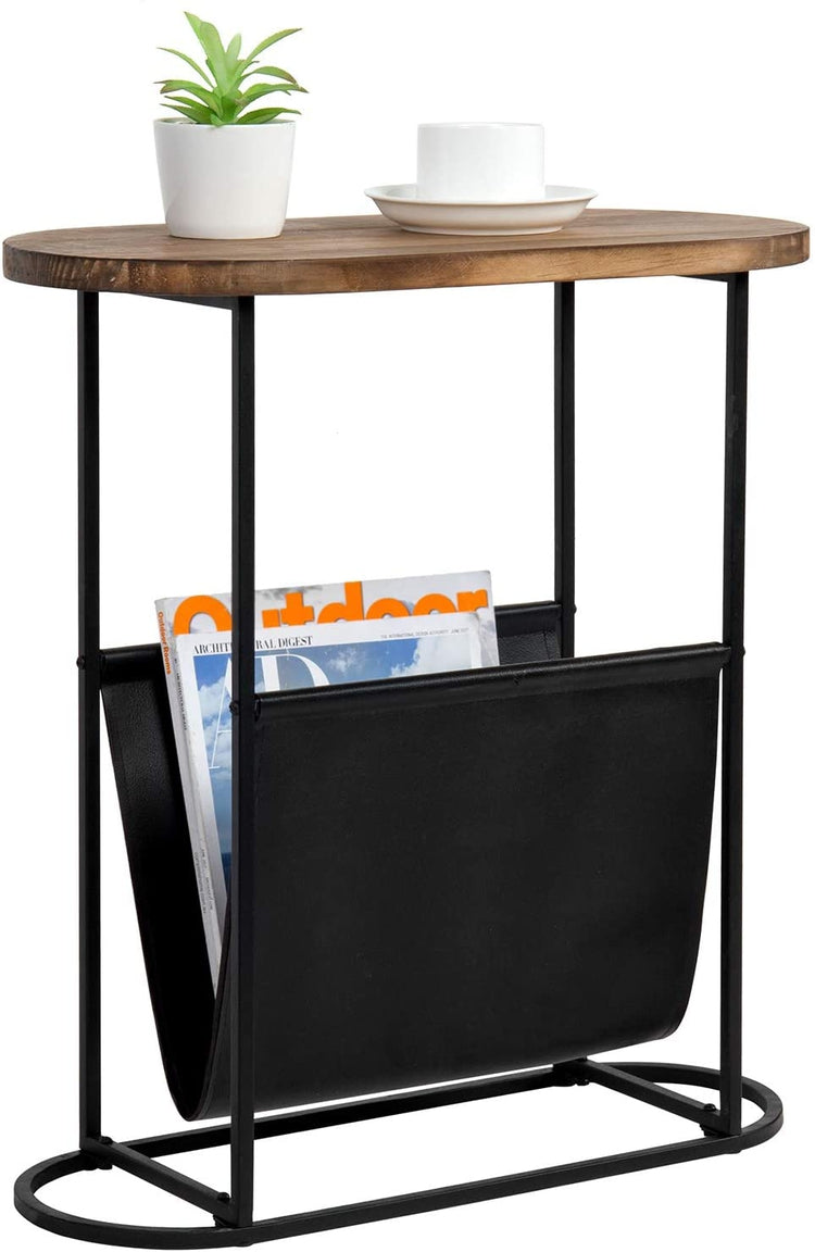 Oval-Shaped Burnt Wood and Black Metal Accent End Table with Magazine Sling Holder-MyGift