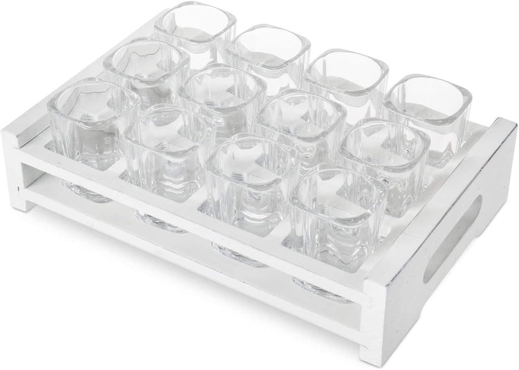 12 Shot Glass Set with Decorative Vintage White Wood Tray, Home Bar or Restaurant Shot Glass Set-MyGift