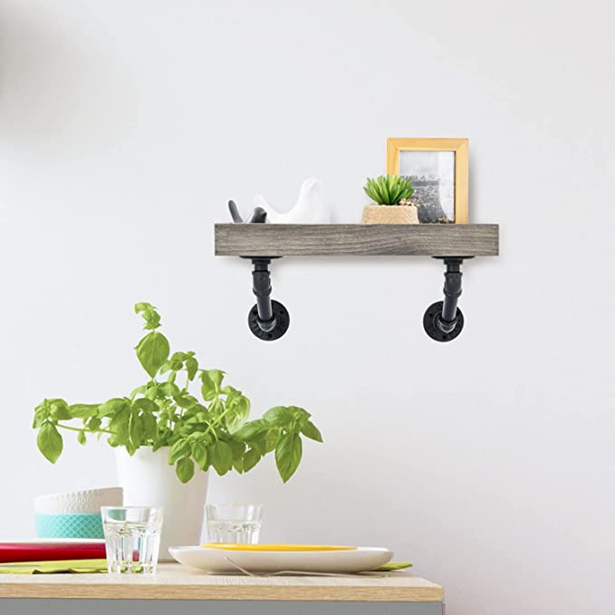 Wall Mounted Floating Shelves with Industrial Metal Pipe Brackets, Wood Hanging Shelf-MyGift
