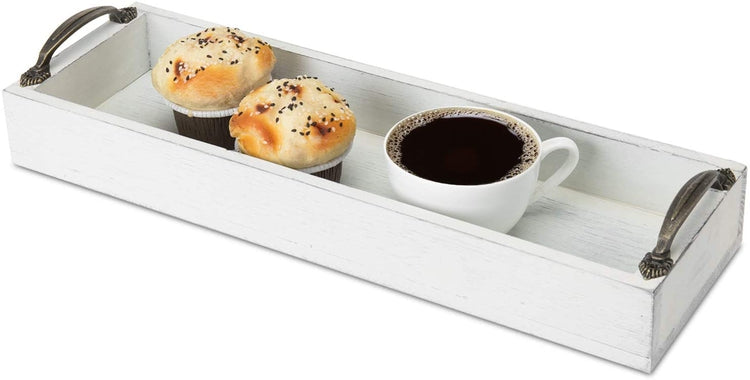 16-inch White Wood Rectangular Serving Tray with Antique Metal Handles-MyGift
