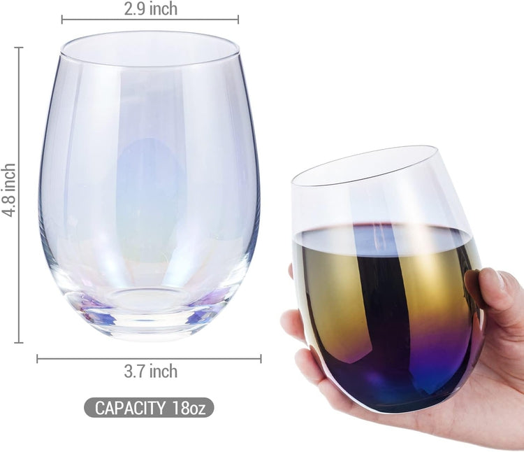 Set of 4, Iridescent Transparent Stemless Wine Glasses, Rainbow Colored Luster Clear Cocktail Drinking Glass Cups-MyGift