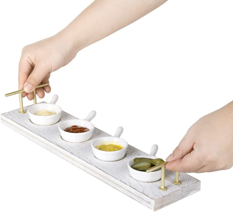 Whitewashed Wood Serving Tray with Brass Tone Handles and 4 Mini White Ceramic Handled Bowls for Dips, Sauces-MyGift